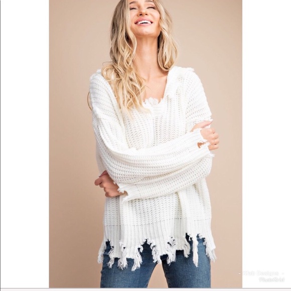 Ivory ML Chunky Knit Frayed Hem Hoodie Sweater - Picture 4 of 4